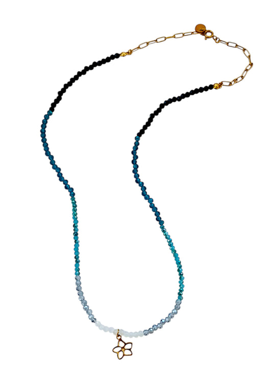 Necklace with colorful crystal stones and stainless steel flower