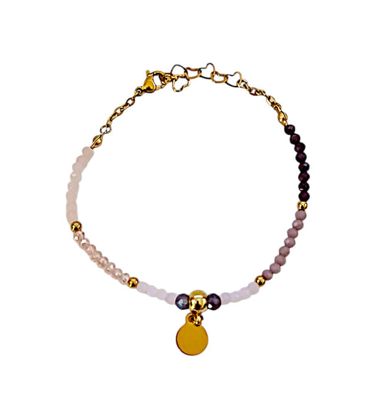 Stainless steel bracelet with colorful crystals and round design.