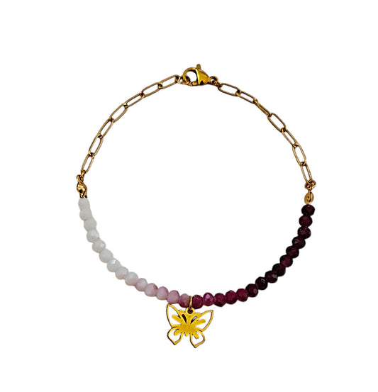 Stainless steel bracelet with colorful crystals and butterfly design.