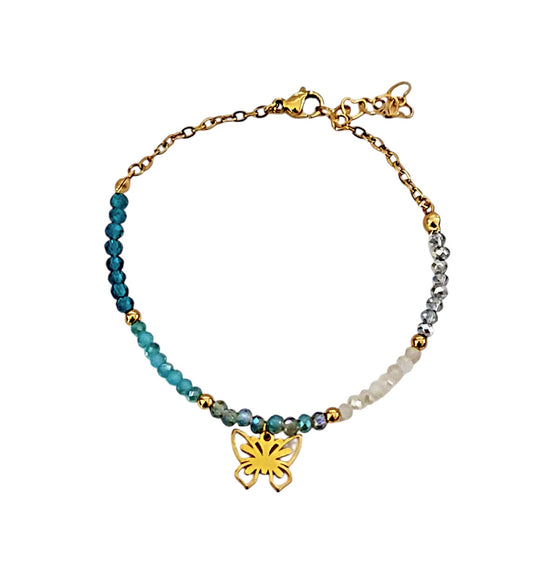 Stainless steel bracelet with colorful crystals and butterfly design.