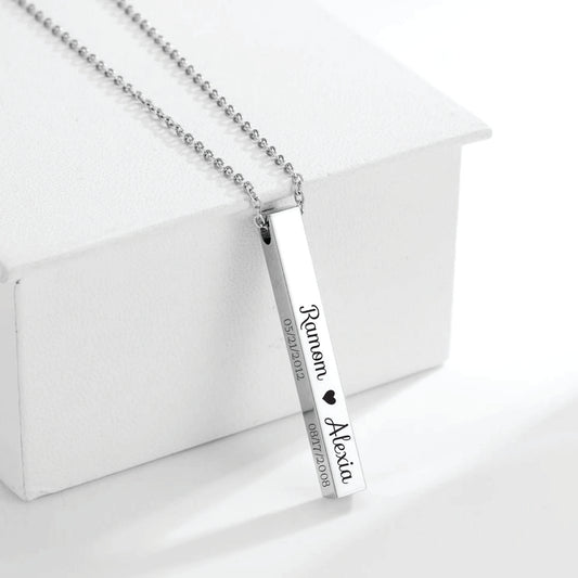 4-sided bar necklace, personalized name, stainless steel