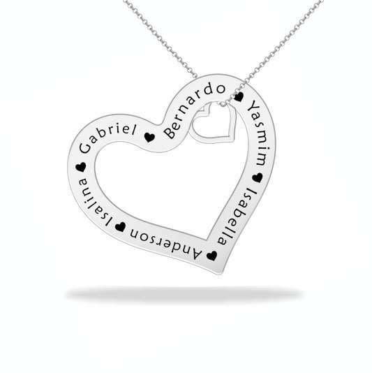 Personalized heart necklace with family name, sterling silver