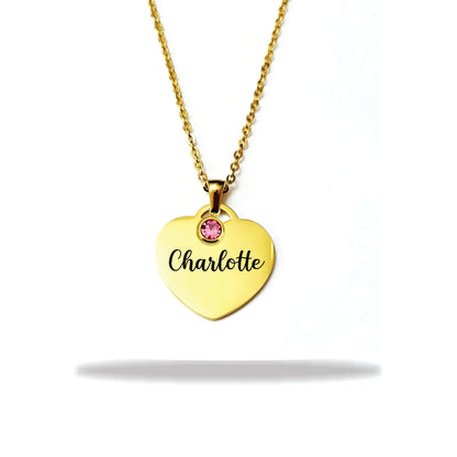Custom Heart Necklace with Stone and Name in Stainless Steel