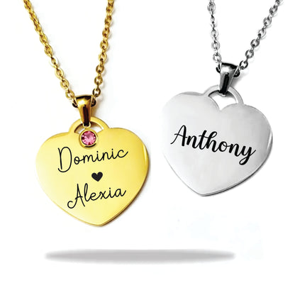 Custom Heart Necklace with Stone and Name in Stainless Steel