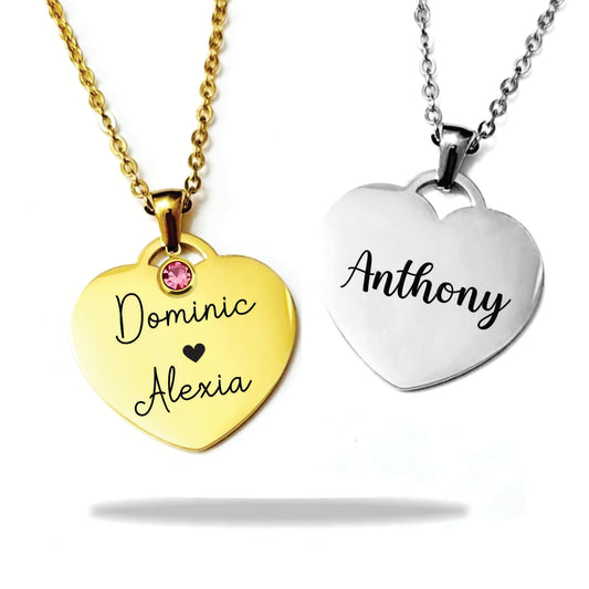 Custom Heart Necklace with Stone and Name in Stainless Steel